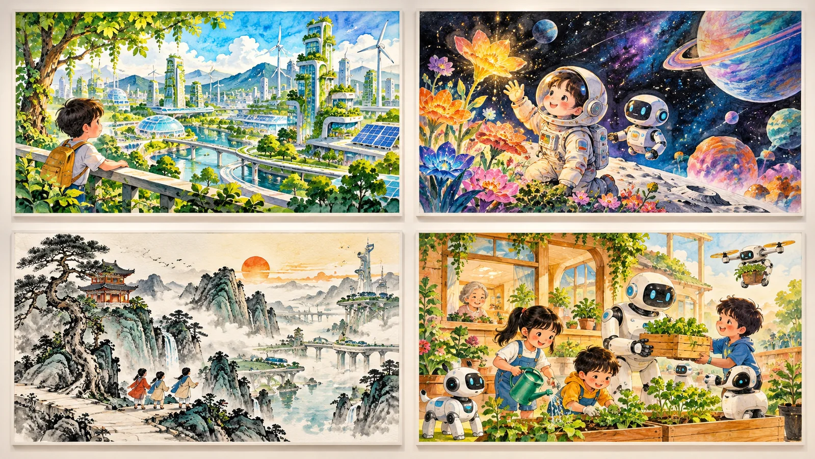 生态城市、太空花园、未来山水和智慧生活四组青少年创作示意